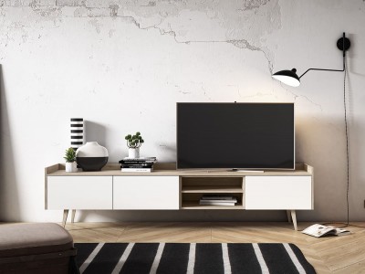 Práctico mueble TV blanco con patas de madera.