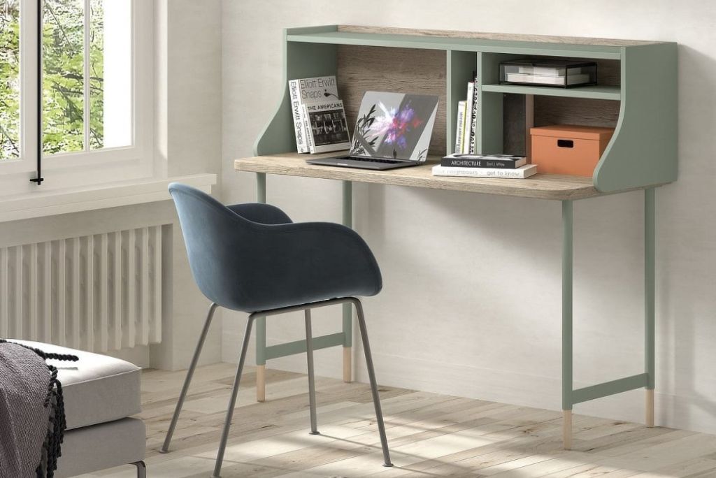 Escritorio en color verde con estantes para zona de estudio zona de estudio