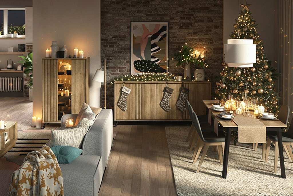 Salón navideño acogedor con muebles de madera, iluminación cálida y árbol decorado Decoración de Navidad