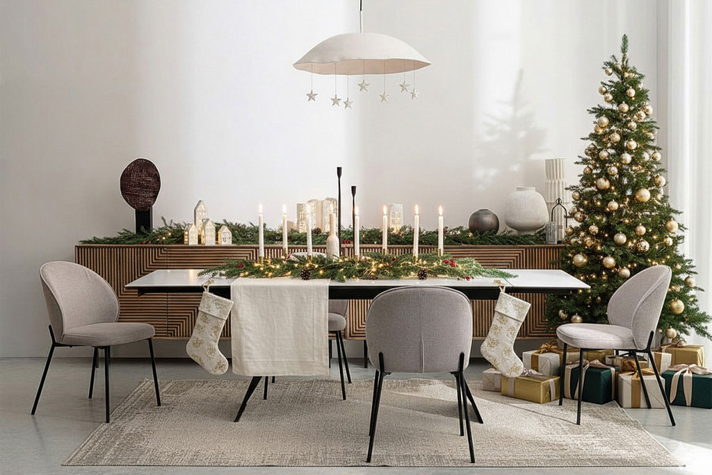 Comedor navideño con mesa decorada, sillas tapizadas y árbol de Navidad con adornos dorados Decoración de Navidad
